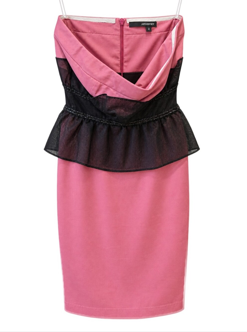 JAYGODFREY Pink Strapless Peplum Dress with Black Lace Overlay At Waist